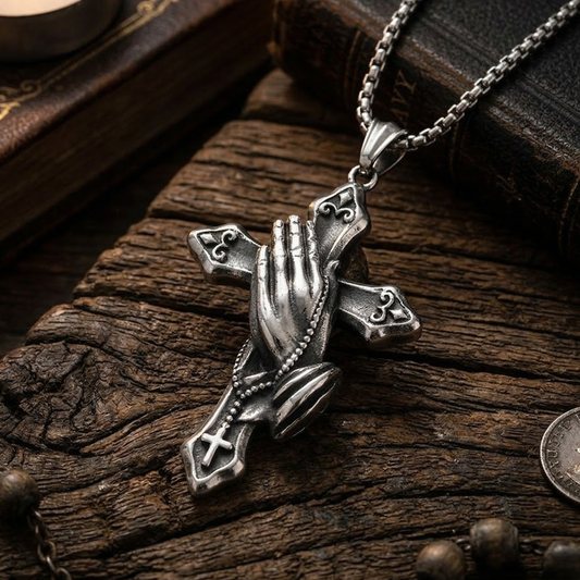 Cross Necklace With Praying Hands: Each Purchase Directly Supports Communities In Need